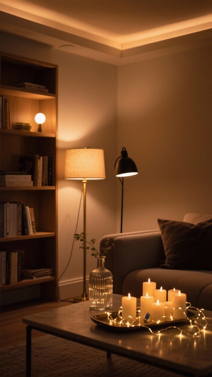 Evening living room corner, medium shot: layered warm lighting with a brass table lamp and a matte black floor lamp, both using warm white 2700K bulbs; a cluster of battery-operated candles on a tray; micro fairy lights coiled in a clear glass vase on a bookshelf; include a dimmable smart bulb glow; overall amber, cozy ambiance with overhead lights off, no people