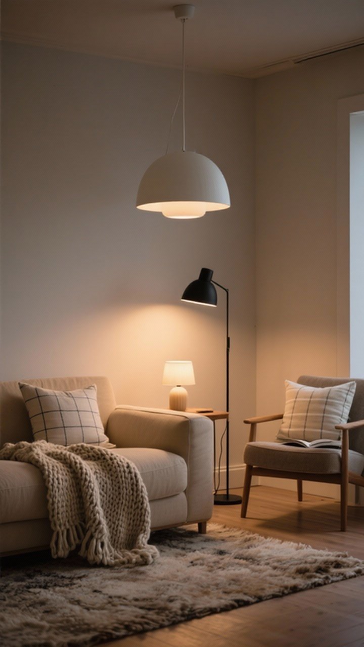 Evening medium shot of a serene living area focusing on quiet decor and layered lighting: warm ambient glow from a simple white pendant, a sleek black floor lamp as task lighting near a reading chair, and a small table lamp providing accent light; textiles include one hero chunky knit throw draped over a beige sofa, two pairs of pillows in subtle windowpane checks and soft stripes, and a natural wool rug; overall mood calm and cozy with neutral tones and gentle shadows.