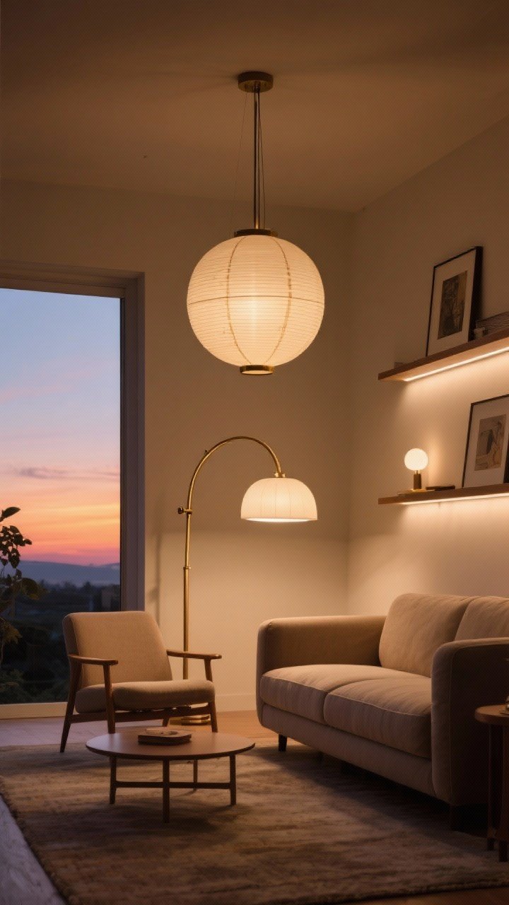 Evening wide shot showcasing layered lighting like a sunset: ambient glow from a mid-century globe pendant, task lighting via an arched floor lamp by the sofa and a brass swing-arm lamp by a chair, accent lighting from picture lights and subtly backlit shelves; warm 2700K color temperature; optional rice paper lantern or opal glass shades softening the light; cozy, calm atmosphere; photorealistic.