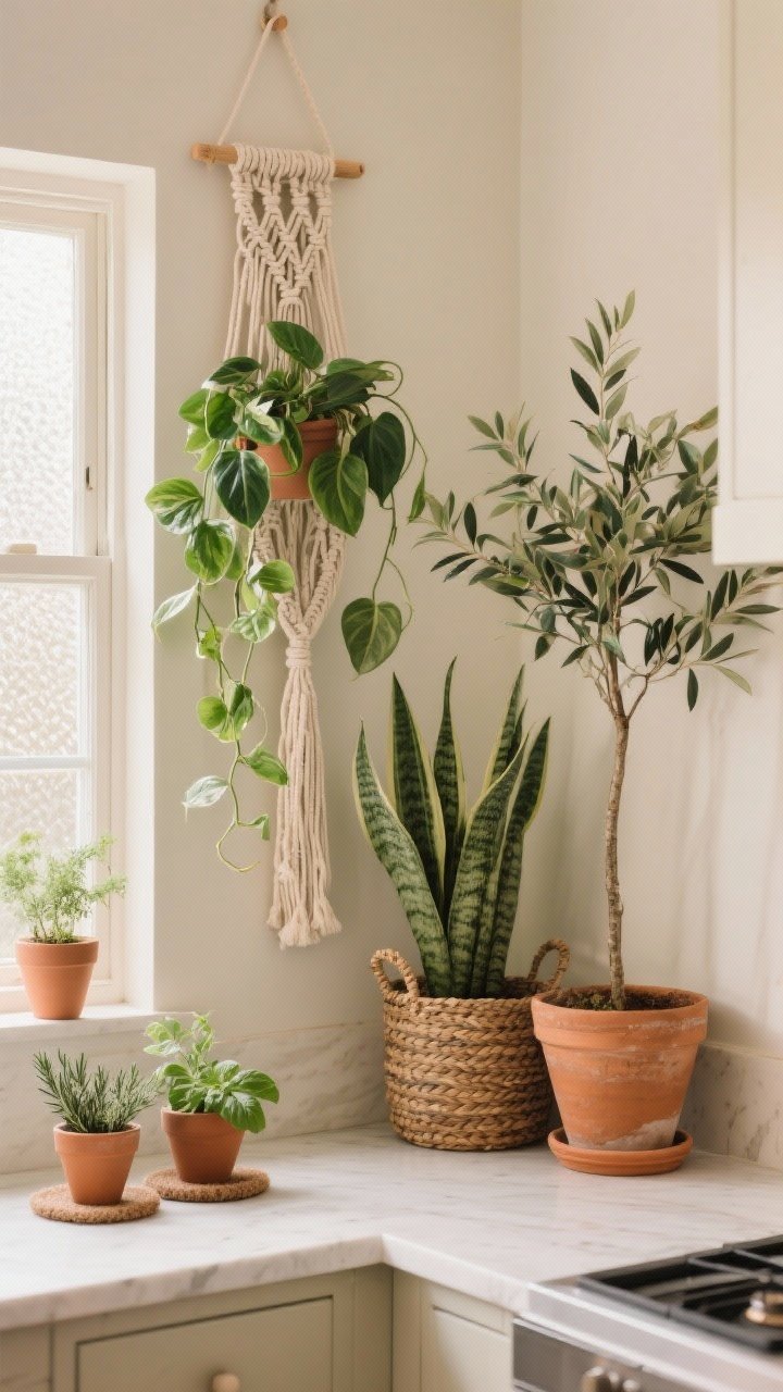 Medium-close shot of boho greenery for hygge calm: a macramé hanger with trailing pothos and philodendron near a window, a ZZ plant and a snake plant anchoring corners in woven baskets and terracotta pots, and a slender olive tree (faux or real) adding airy Mediterranean vibes. On a kitchen ledge, small herb pots of rosemary and basil. Use felt pads and saucers under planters. Soft diffused daylight through window film, warm neutral setting, photorealistic, slight corner angle.