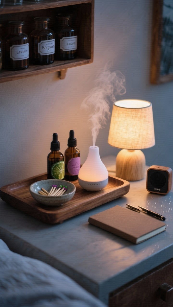 Medium closeup of an apothecary wellness corner on a wood tray: essential oil diffuser emitting gentle mist, tincture bottles, a ceramic dish with matches, a petite lamp casting warm glow, and a small speaker for rain sounds; scents implied via labels (lavender, bergamot, cedar, rose geranium); a journal and pen set neatly beside; tranquil, evening ambiance