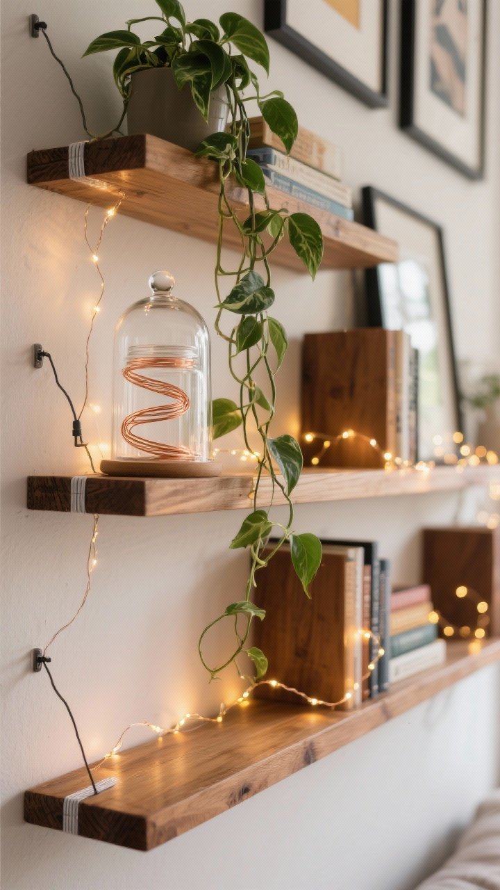 Medium closeup of wooden wall shelves styled with fairy lights for an ambient glow: under-shelf wash using taped strands hidden under each shelf lip, a micro-LED coil inside a glass cloche and a clear jar within cubbies, and copper-wire lights threaded loosely through trailing faux vines and a pothos without tight wraps; warm, curated look with books, framed art slightly backlit; cord clips discreetly hiding excess wire; cozy, gallery-like mood.