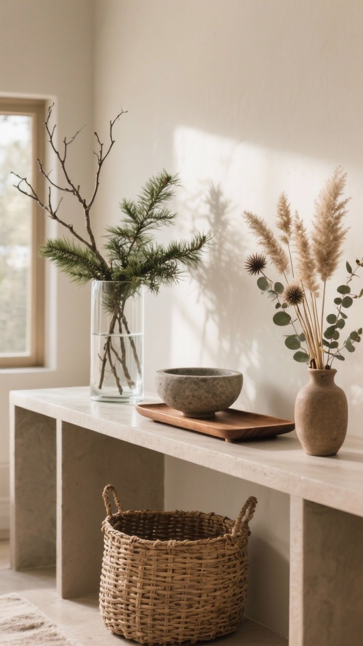 Medium console scene: a tall glass vase with evergreen clippings and a few bare branches; a low stone bowl and a warm wood tray arranged on open shelving; a rattan basket tucked beneath for texture; dried stems (pampas, eucalyptus, thistle) in a secondary vessel; restrained composition with soft morning light; earthy, organic, less-is-more styling.