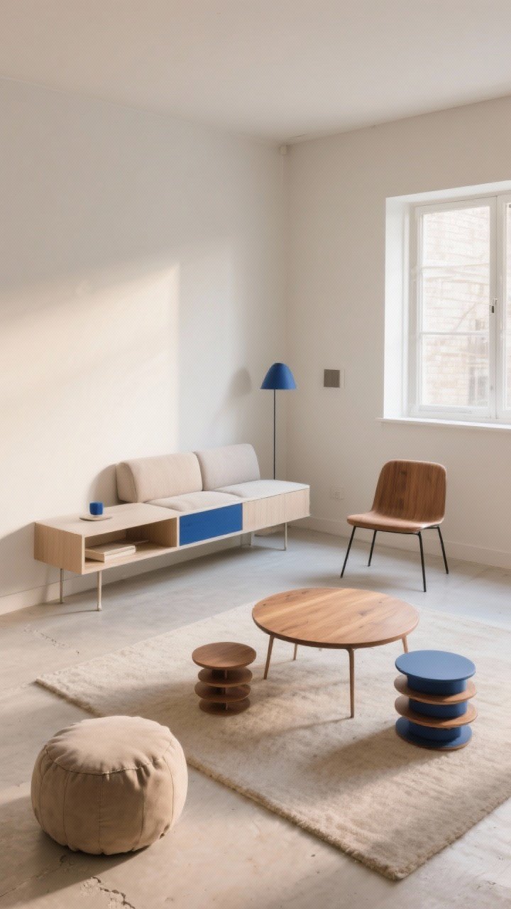 Medium corner angle of a compact living room showing floated furniture and low profiles: a low-slung sofa pulled a few inches from the wall with a slim, narrow console table tucked behind for extra storage, slim leggy accent chair, a round wood coffee table improving flow, nesting tables and a stackable pouf nearby; light, airy feeling with exposed floor, warm neutral tones with subtle indigo accents, diffuse daylight, photorealistic, no people.