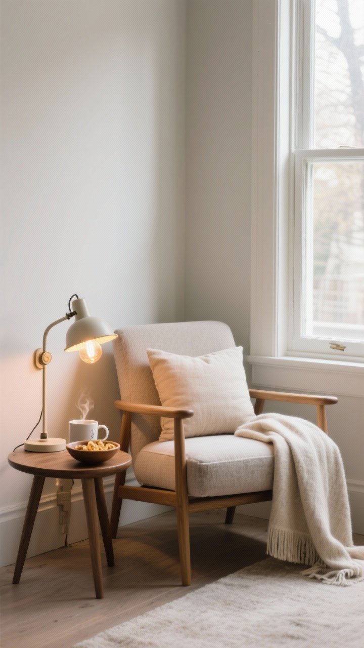 Medium corner composition of a cozy reading nook by a window: a chair with arms and a supportive cushion, a small lumbar pillow, a warm-bulb task lamp with dimmer, and a compact side table holding a steaming mug and a snack bowl; a neutral throw blanket draped over the chair back; daylight streaming in for calm serenity.