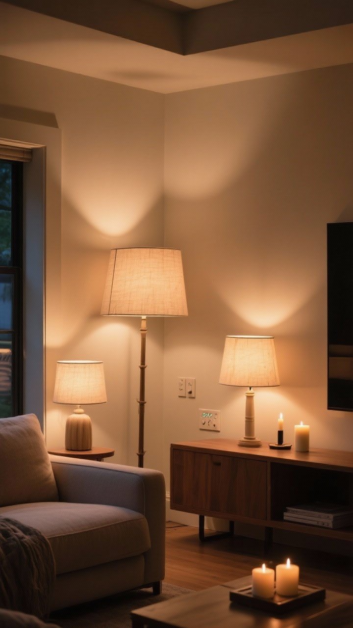 Medium corner shot: a cozy living room vignette lit by layered, low lighting—paper and linen shaded lamps at different heights, three light sources total; warm bulbs at 2700–3000K creating soft pools of glow; battery candles on a console set to a timer; dimmers evident on the wall; lamps-only evening ambiance signaling wind-down, no harsh overheads; warm, gentle shadows, inviting and calm.