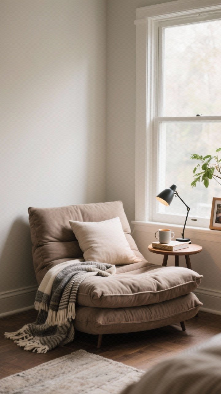 Medium corner shot: a dedicated “cozy zone” nook by a window with a deep lounge chair (or cushion stack), a layered throw plus a lumbar pillow for comfort and posture, a small round side table holding a mug and book, and a focused task lamp for reading; personal touches include a small plant and a framed photo; soft window light, intimate, sink-in vibe.