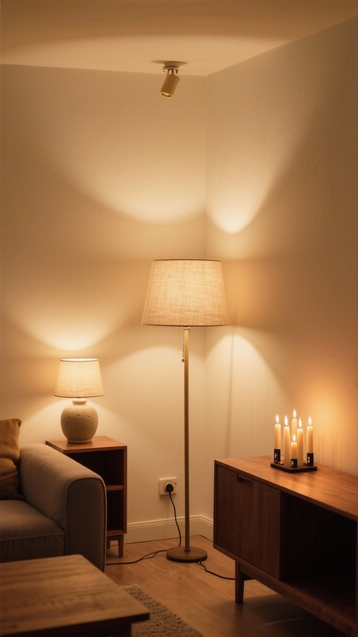 Medium corner shot: a hygge lighting setup in a small living room—linen-shaded floor lamp casting ambient glow, one ceramic table lamp at eye level on a wood side table, and a cluster of battery-operated taper candles flickering on a console; all bulbs at 2700K with dimmers giving a soft, golden tone; overhead lights off; include a visible inline plug-in dimmer on the floor lamp cord; warm, cozy pools of light on neutral walls; photographed from a slight corner angle to show layered light.