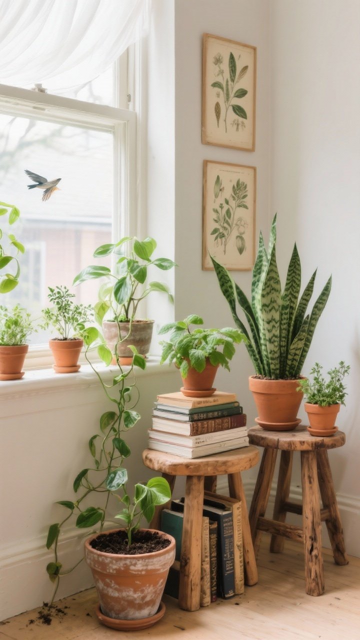Medium corner shot of a bright windowsill garden: clustered plants at varying heights on stools and stacked books—pothos trailing, snake plant, ZZ plant, plus small herb pots of thyme and mint; vintage botanical prints on the wall; open window with sheer breeze, natural light and a hint of birds outside; terra-cotta and ceramic pots, soil texture visible; natural wood stool and aged book spines; color story of fresh greens with warm terracotta and neutral walls; no people, gentle, calm biophilic mood, angled from the side to capture depth.