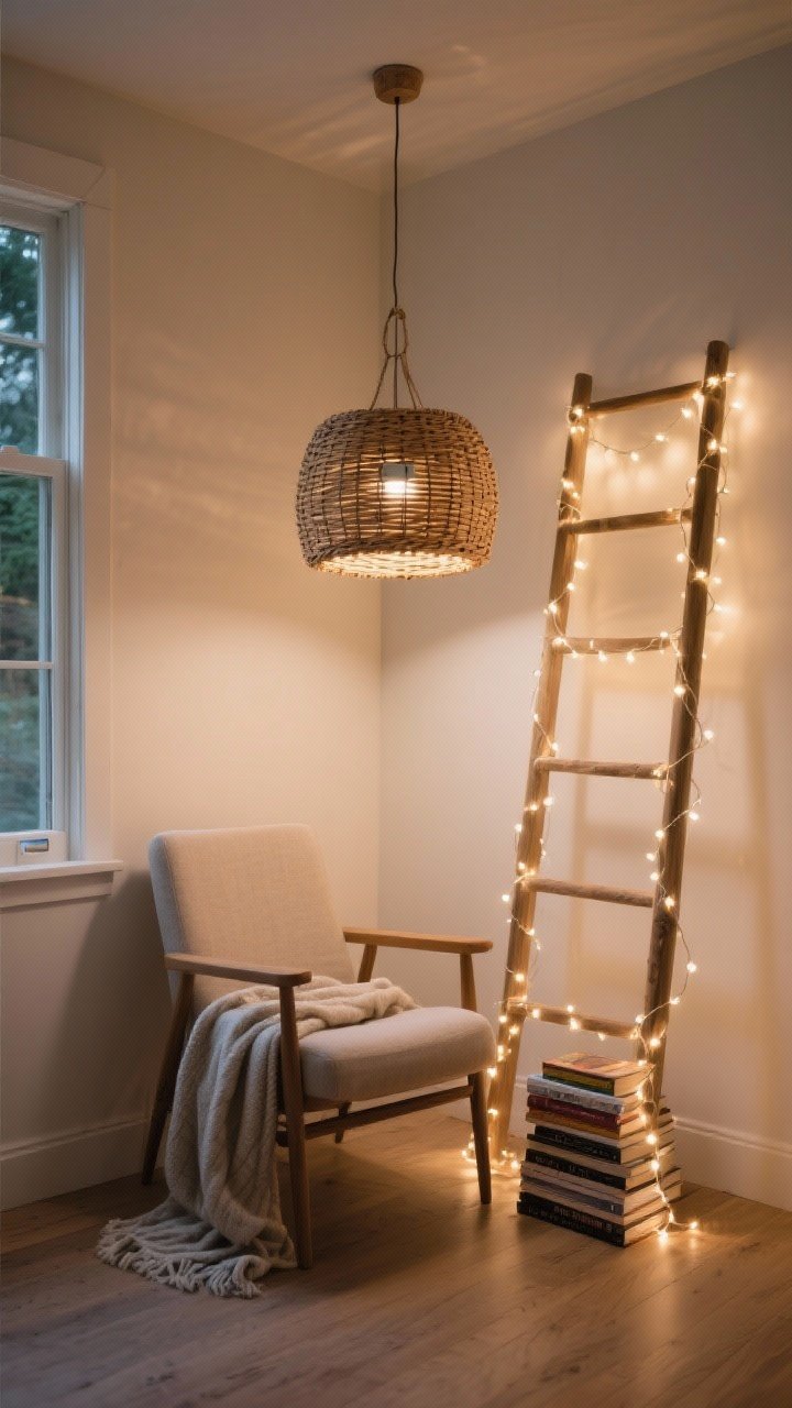 Medium corner shot of a cozy reading nook featuring layered fairy light applications: a basket pendant hack with a woven rattan basket hanging from the ceiling, illuminated from within by a battery-powered micro-LED string; a leaning ladder shelf draped rung-to-rung with warm white lights, a throw and stacked books at the base; a high-back chair subtly wrapped along its frame for soft indirect glow; dimmable micro LEDs, intimate, hug-like ambiance.