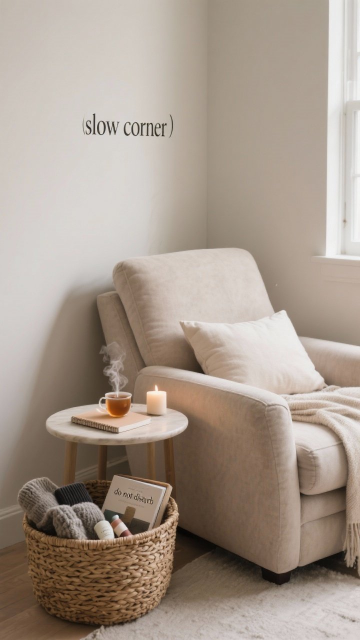 Medium corner shot of a designated “slow corner”: a deep, comfy lounge chair with a soft throw and supportive lumbar pillow, a small round side table holding a candle and steaming tea, and a woven basket with a journal, hand cream, cozy socks, and a current hardcover read. Calm, focused composition, neutral backdrop, gentle window light, clear “do not disturb” vibe.