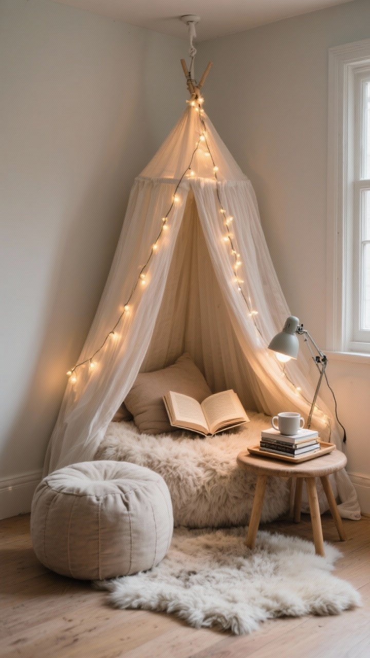Medium cozy corner shot of a hygge reading nook with a DIY canopy: sheer curtains hung from a ceiling hook, draped to one side forming a cocoon over a plush floor cushion and pouf. A thick faux-sheepskin rug underfoot, a small stool as a tray table with a mug and stacked books, and fairy lights tracing the canopy edge. Warm clip-on reading light adds gentle illumination. Intimate, inviting, photorealistic.