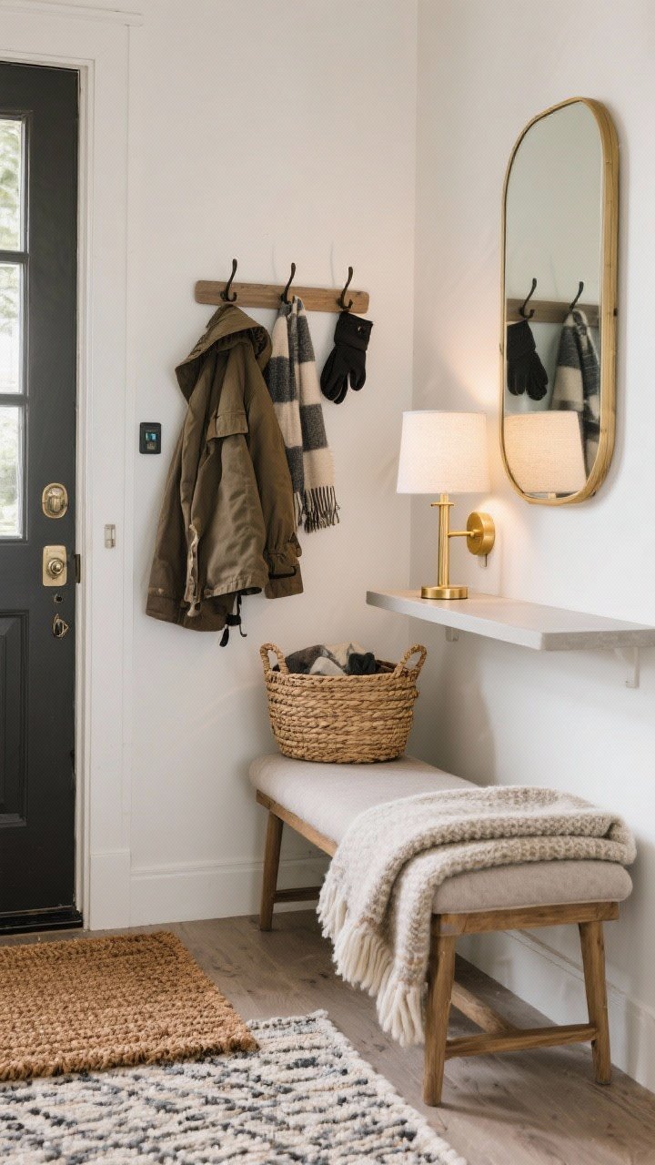 Medium entryway scene, straight-on: layered doormats (coir outside, washable rug inside). Wall hooks with bulky coats, a woven basket for scarves and gloves under a simple console. A small bench with a cushion and a folded wool throw. A table lamp or battery-operated sconce adds a golden welcome; a mirror bounces light.