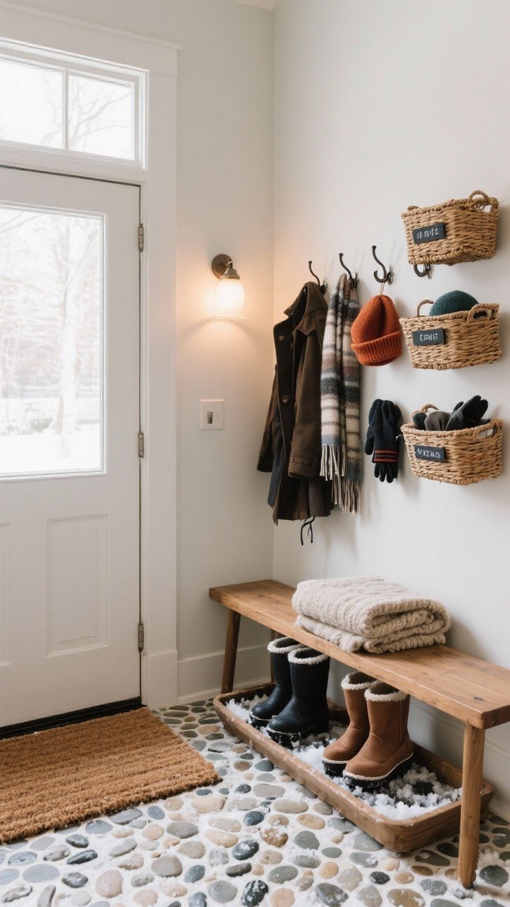 Medium entryway view: coir doormat outside the threshold and an absorbent rug inside; a pebble-pattern boot tray catching slush with winter boots; staggered hooks at multiple heights holding coats and scarves; labeled baskets for hats and gloves on a bench shelf; a small bench topped with a folded wool throw; bright yet warm practical lighting.
