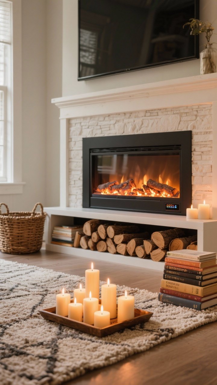 Medium faux fireplace moment: an electric fireplace console with realistic ember glow. Surround it with a textured rug, a basket of logs, and a stack of books. On the hearth, a mix of pillar candles arranged in a tray creates a candle-hearth effect. Optional LED log set in a non-working firebox. Warm, cozy ambience.
