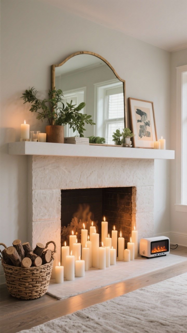 Medium faux-hearth focal point: an unused fireplace opening filled with a dramatic candle cluster at various heights; a slim mantel shelf above layered with a mirror, art, and greenery; a basket of real or faux logs beside for texture; optional compact portable electric fireplace with a tasteful surround; warm, firelike glow without flames.
