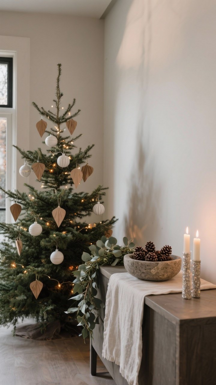 Medium holiday corner: Minimal, nature-forward seasonal decor—a sparse evergreen tree with white/amber lights, wood/paper/ceramic ornaments in repeating simple shapes, a eucalyptus garland draped simply on a console, and a linen runner with a stone bowl of pinecones plus a couple of tapered candles; no glitter, cohesive neutral palette, evening glow, photorealistic.