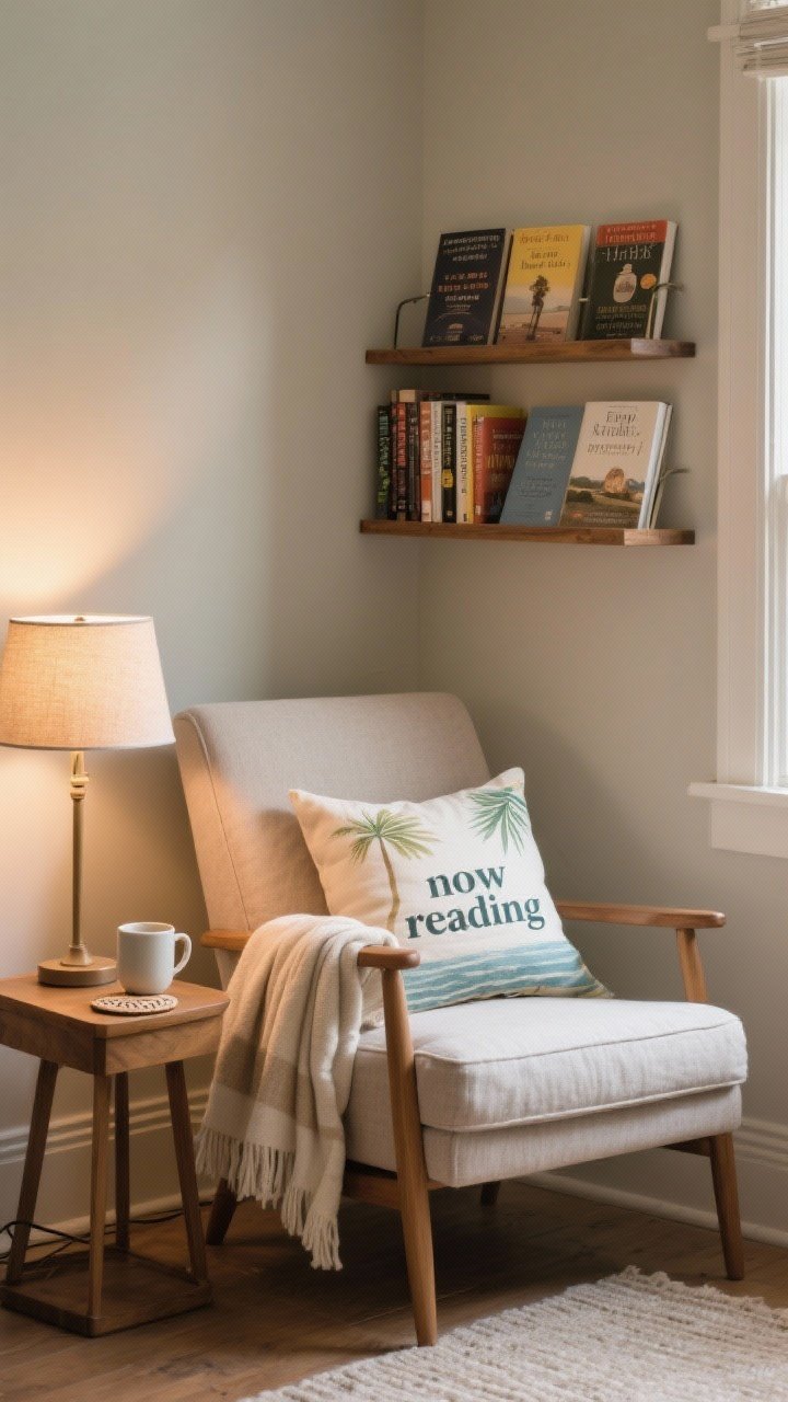 Medium intimate nook scene emphasizing personalization: a comfy chair with a neatly folded soft throw draped over the arm, a favorite mug on the side table, and a “now reading” rotation shelf on the bookcase displaying a handful of current titles; subtle seasonal touch via linen pillow cover (summer scenario) swapped on the chair. A lumbar pillow ensures comfort, and the lamp height is adjusted for easy reading. Warm, cozy lighting, real-life practical details like a coaster present. Photorealistic, corner angle.