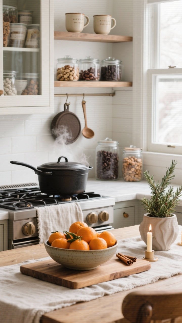Medium kitchen shot: A winter kitchen styled for comfort cooking—on the stovetop a cast-iron Dutch oven with a ladle on a wall hook, pantry shelf in frame with visible stock; two favorite ceramic mugs displayed on an open shelf; clear glass snack jars of nuts, dried fruit, and dark chocolate arranged neatly; decor you can eat: a wooden board supporting a ceramic bowl piled with clementines, a small rosemary plant in a pot by the window, and a simple linen table runner with taper candles and a sculptural bowl on the table; natural afternoon light with a subtle simmer pot of orange, cinnamon, and cloves steaming on the back burner.
