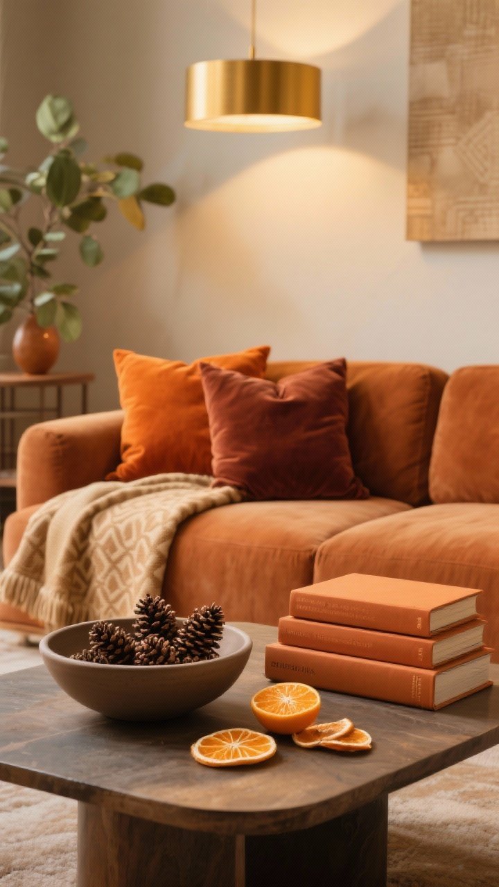 Medium living room vignette: a warm-toned sofa styled with velvet pillows in burnt orange, rust, cocoa, and a warm beige throw with a subtle pattern; a matte ceramic bowl on the coffee table filled with cedar cones, dried orange slices, and a stack of warm-toned books; soft golden ambient light, no overhead glare; terracotta and olive accents sprinkled in; calm, cozy mood.