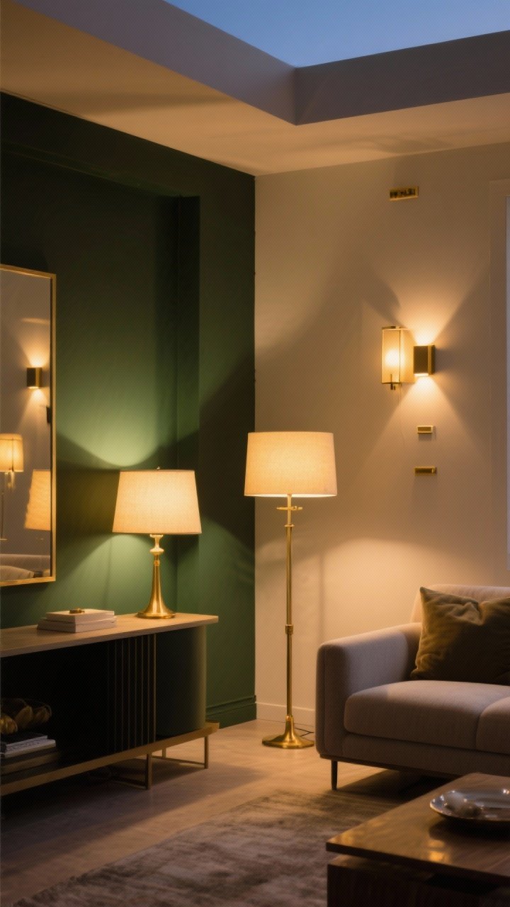 Medium living room vignette at dusk: multiple warm light sources set to 2700K. A table lamp on a console, a brass floor lamp by a sofa, and wall sconces at different heights, all on dimmers for a soft, golden glow. Shadows are gentle, no harsh brightness. Neutral walls, deep green accents, and cozy mood emphasized by layered lighting.