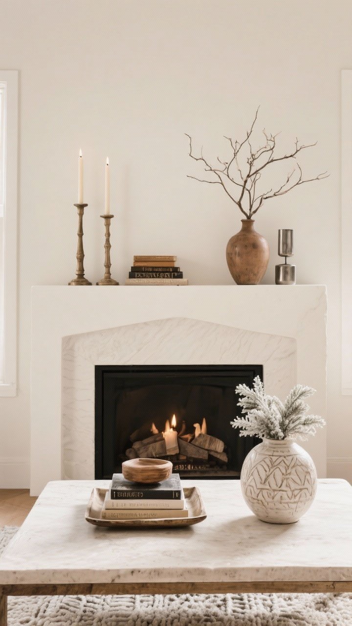Medium mantel and coffee table styling: winter surfaces arranged intentionally—start with a base (tray and stacked books), add height via tall candlesticks and a vase with bare branches, mix textures (ceramic, wood, metal), and include a pop of life with a small winter plant; mantel composition is asymmetrical with a relaxed, curated feel; soft, warm lighting, photorealistic.