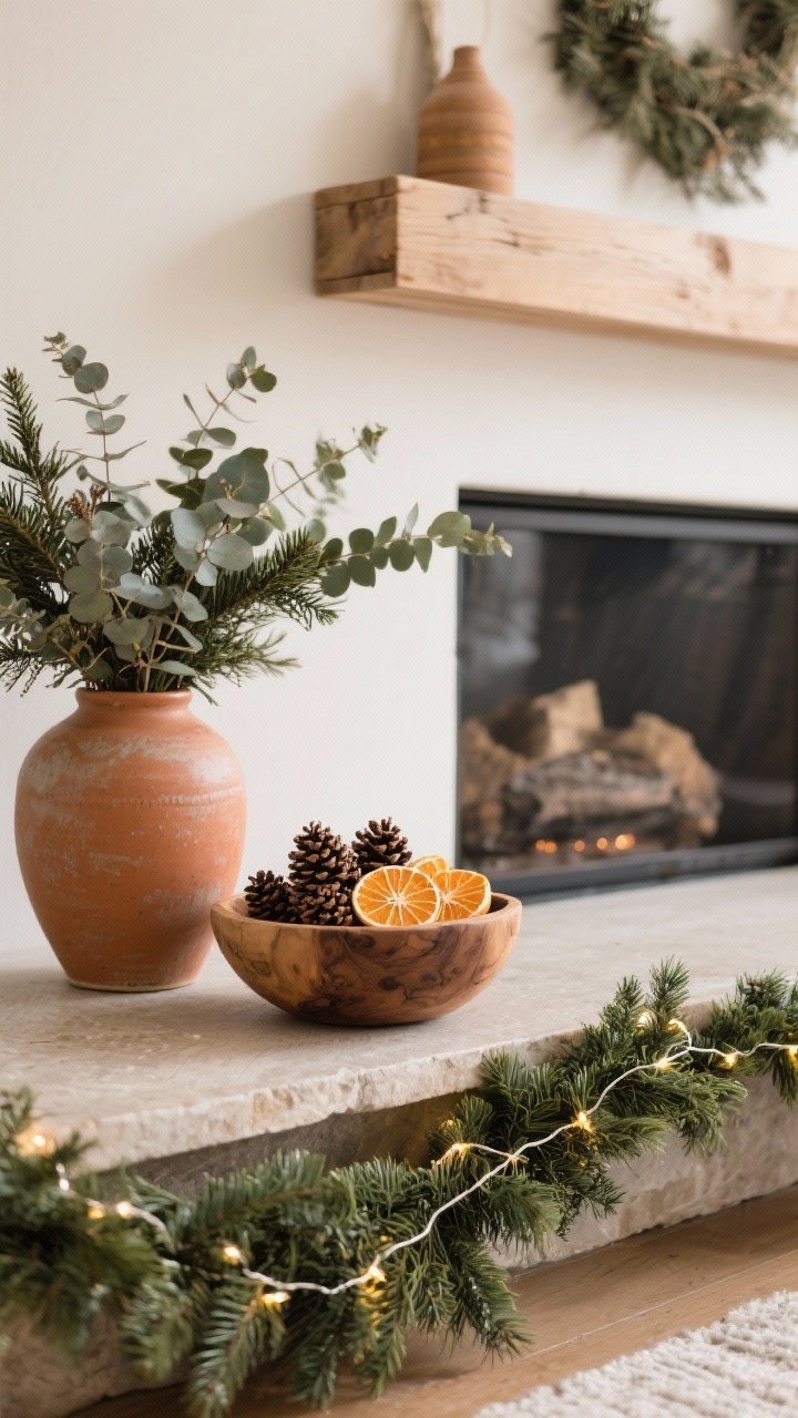 Medium mantel and console styling: nature-inspired decor without holiday kitsch. A ceramic vase holds mixed evergreen and eucalyptus clippings; a raw wood bowl filled with pinecones and dried orange slices. A faux cedar garland with soft twinkle lights drapes across a console. Use stoneware, terracotta, and raw wood; earthy, calm palette.