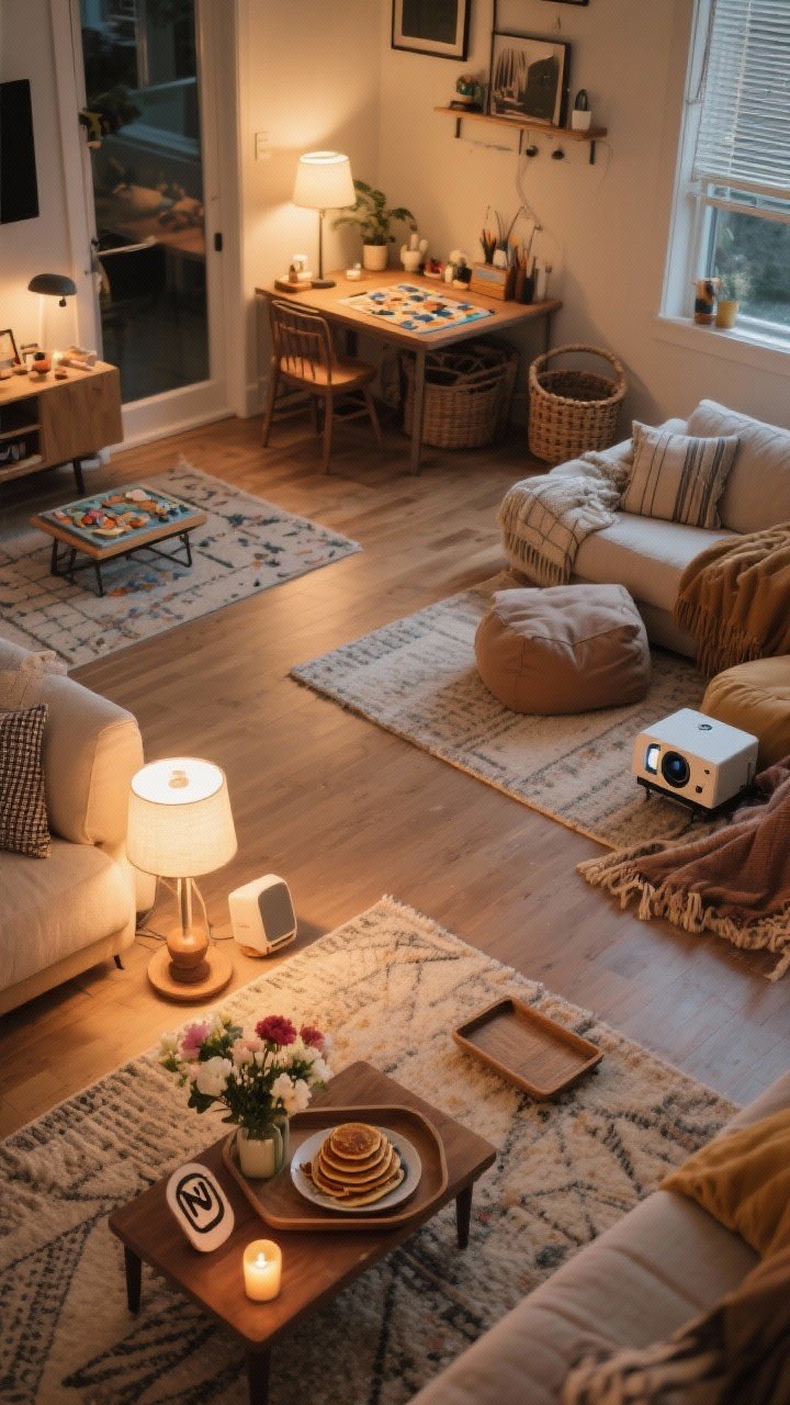 Medium overhead of a multi-zone cozy living space: Subtle area definitions using rugs, lamps, and trays— a wind-down corner with a lit candle and soft playlist device; a weekend slow-morning zone featuring pancakes on a tray with fresh flowers and a no-phone sign; a craft/puzzle table with good task lighting and supplies arranged; a movie nest with floor cushions, a basket of throws, and a compact projector; warmly lit, intentional, photorealistic, no people.