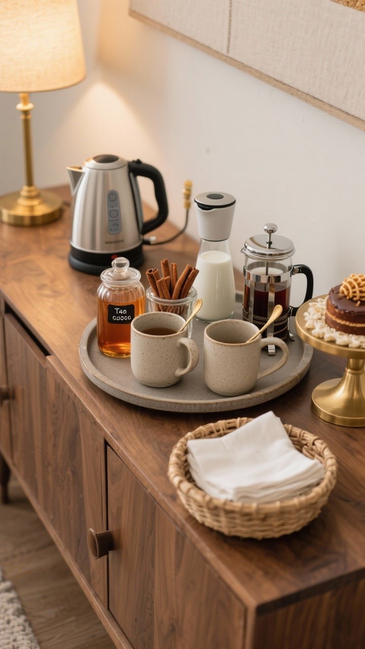Medium overhead shot of a chic hot-drink station on a wooden sideboard: electric kettle, French press, two stoneware mugs with teaspoons, glass jars labeled for tea/coffee/cocoa, seasonal syrups in amber bottles, cinnamon sticks, honey dipper, and a compact milk frother; everything corralled on a round tray and a cake stand; small basket with napkins; cozy warm lighting from a nearby lamp; neutral palette with brass accents; photorealistic.