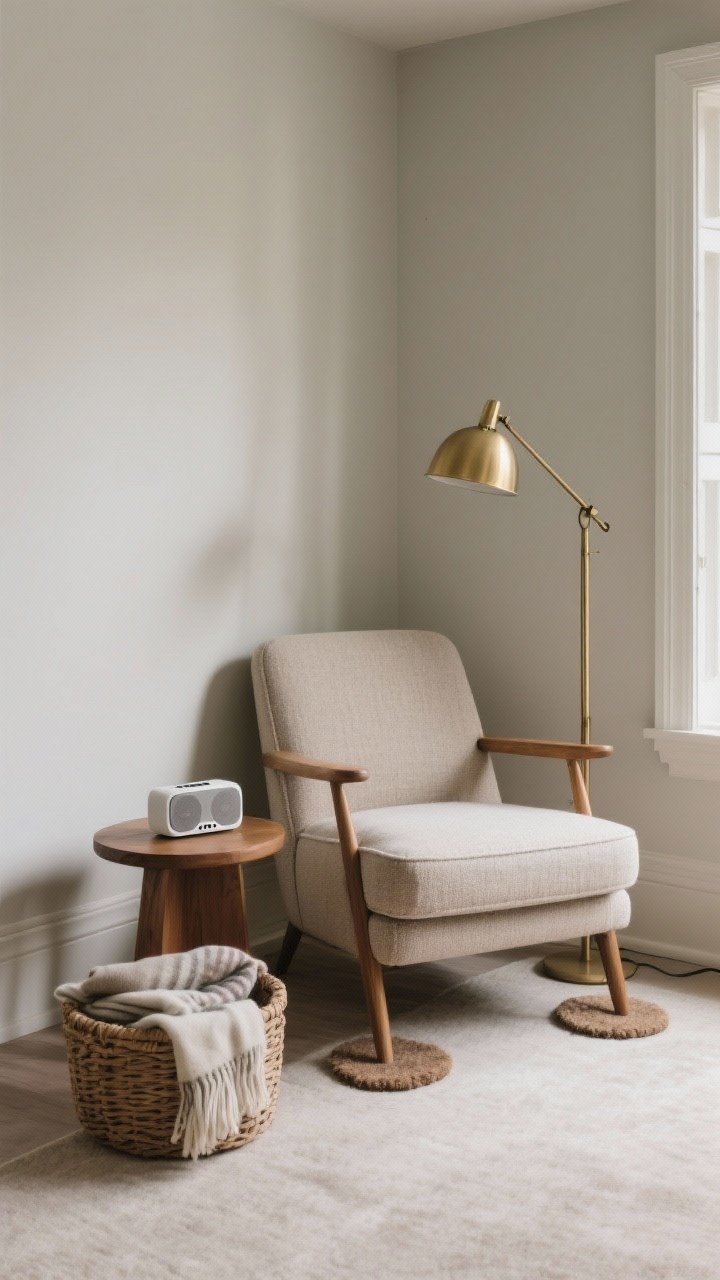 Medium quiet corner: a reading chair vignette with a fabric armchair, brass floor lamp, small wooden side table, woven basket holding folded throws; a compact Bluetooth speaker playing soft acoustic/jazz/lo-fi; felt pads discreetly visible under chair legs and decor to suggest reduced clatter; hushed, serene ambiance.