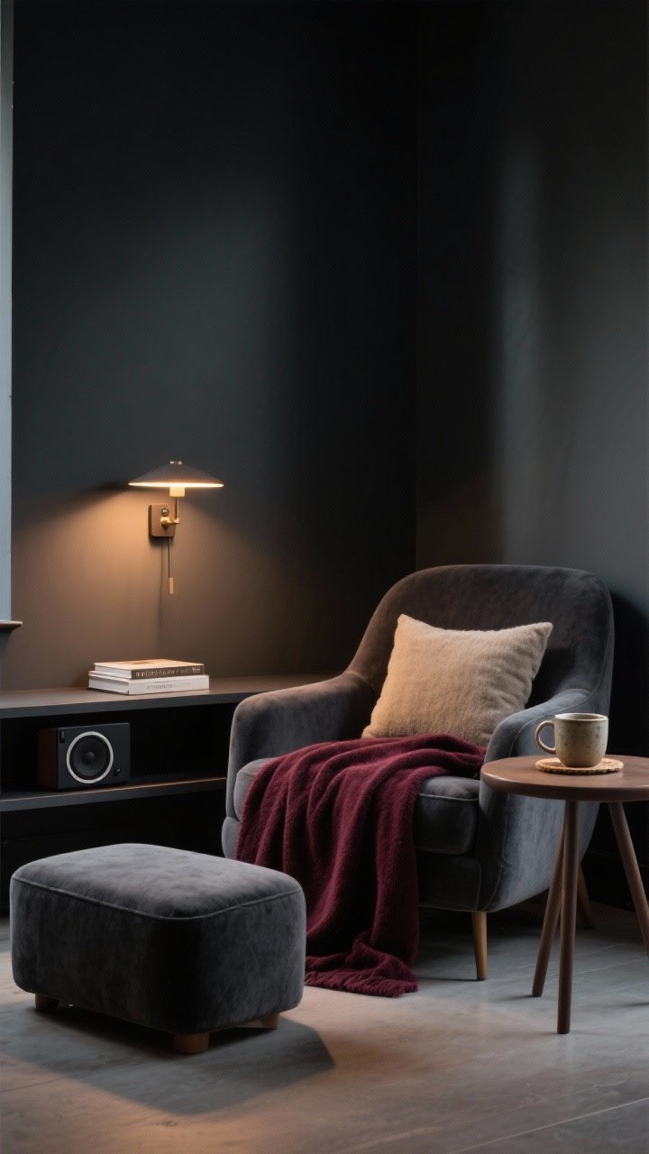 Medium reading nook shot: A moody corner designed for wind-down time—plush armchair in charcoal with a low-profile ottoman, a single luscious throw in deep burgundy and a plush oat pillow; a small round side table with a ceramic mug on a coaster and a closed book; lighting from a warm reading lamp or battery sconce (no overheads), with a compact speaker on a lower shelf. Deep, cozy shadows and intimate ambience, photorealistic.