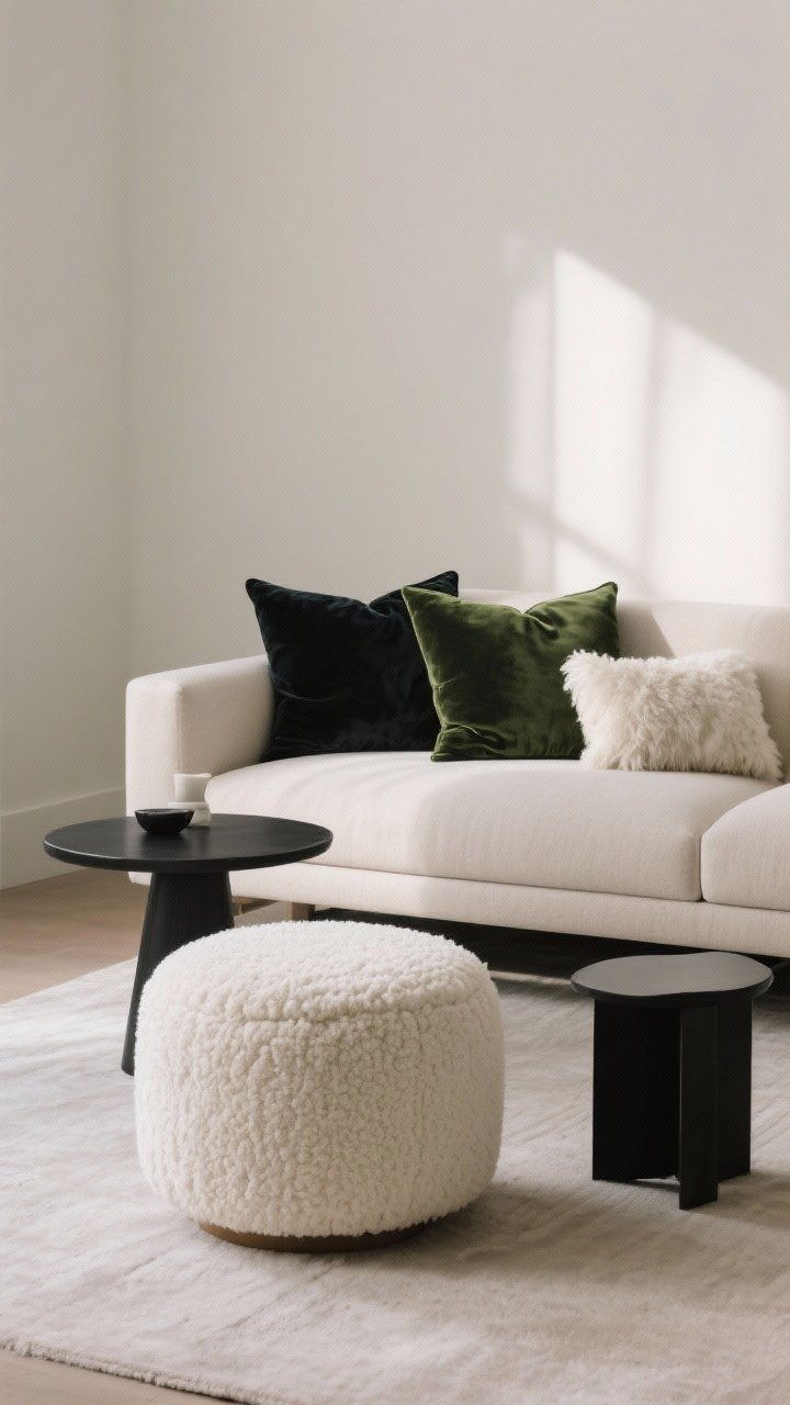 Medium seating vignette: a neutral sofa with deep-toned velvet pillows (charcoal, forest green), a bouclé ottoman in cream, and a sherpa accent pillow for contrast. Minimal but luxe textures, curated feel. Soft afternoon light, matte black side table, restrained accessories.