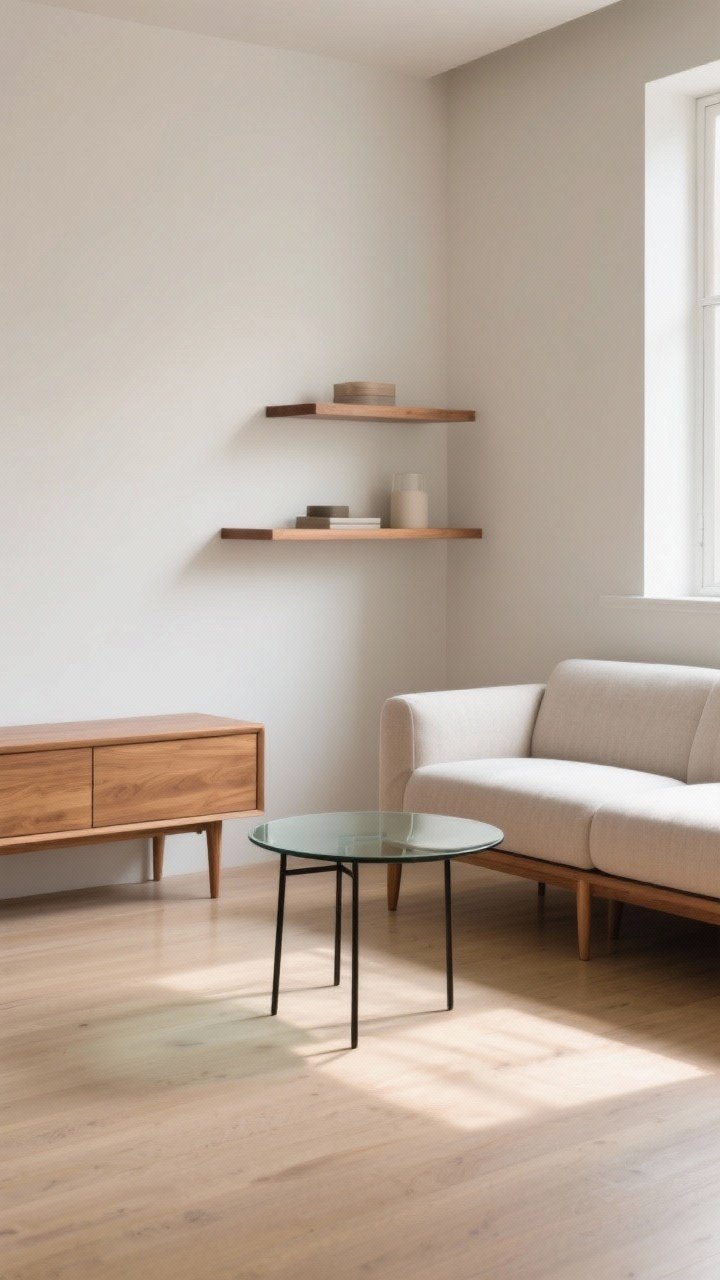 Medium shot: A compact living room corner showcasing furniture that feels light—streamlined sofa with tapered legs, low arms, tight back; a round glass-topped side table with thin black metal frame; matching wood tones across a slim console and sofa legs (warm wood). Include floating wall shelves with minimal objects, leaving visible floor space for an airy feel. Soft afternoon light, corner angle, photorealistic, no people.