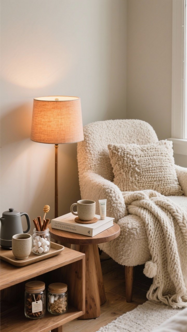 Medium shot: A cozy reading nook corner with a supportive accent chair upholstered in boucle, a plush knit throw draped casually, and a warm table lamp casting a soft amber glow; a small side table holds a ceramic mug on a coaster, a current book, and a minimalist hand cream tube; include a texture mix of boucle, chunky knit, and sherpa pillow; adjacent console hosts a tea/cocoa station on a tray with two stoneware mugs, glass canisters of tea bags and cinnamon sticks, a jar of marshmallows, honey dipper, and a sleek matte electric kettle; neutral palette with cream, sand, and warm wood, photographed from a slight corner angle for intimacy, no people.