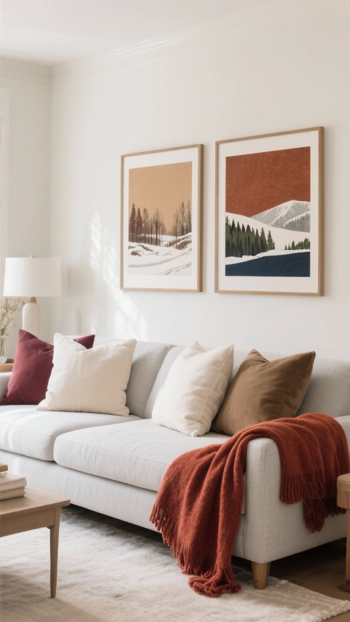 Medium shot: a living room vignette with a white/cream base—light gray sofa and pale walls—styled with warm neutral and spice-tone accents; oatmeal and taupe pillows replace bright white, a rust or burgundy throw cascades over the sofa arm, and art prints with earthy winter landscapes hang above; palette includes camel, cocoa, rust, merlot, olive, and deep navy accents; soft ambient daylight, no repainting, photorealistic.