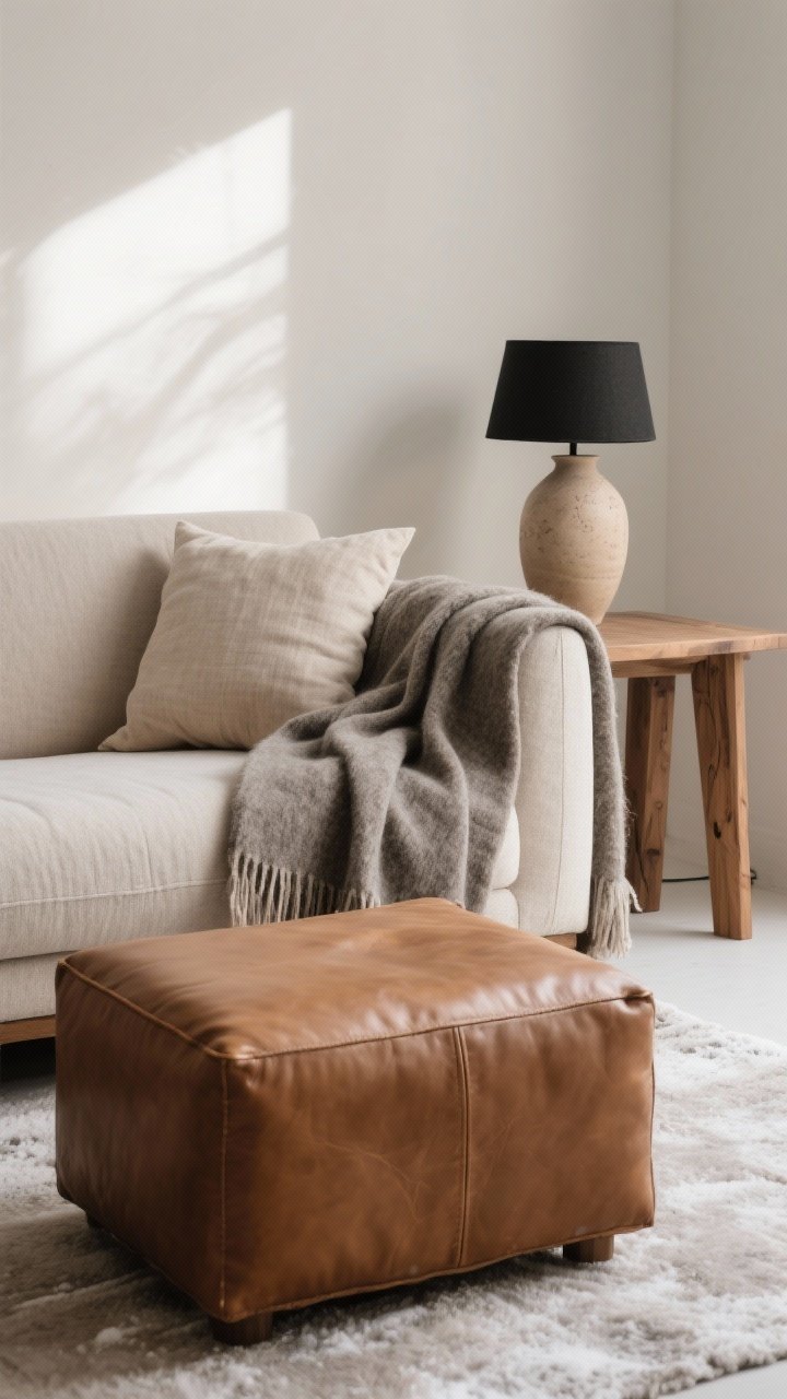 Medium shot: A minimalist sofa styled with layered textures—wool throw in warm gray draped over the arm, a natural linen pillow, and a caramel leather ottoman in front; nearby an oak side table with a matte black lamp, and a handmade neutral ceramic vase; palette strictly warm neutrals, no bright colors; soft winter daylight enhances texture detail, photorealistic.