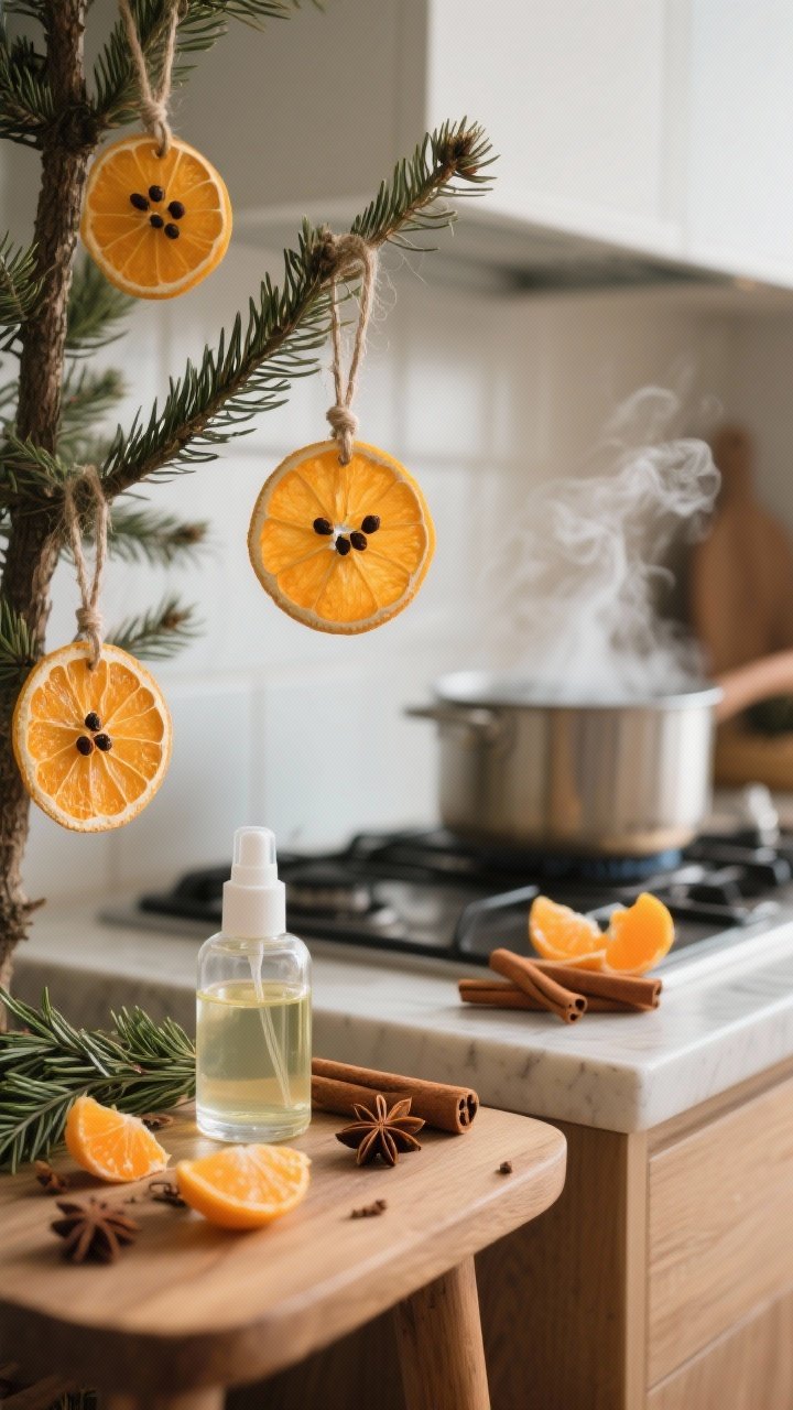Medium shot capturing natural scent elements on the tree: ornaments made from dried orange slices studded with cloves and hung on twine, a light misting bottle of water with fir/cedar/orange oil resting on a nearby wooden side table (out of focus), and a stovetop pot on a back counter with cinnamon sticks, orange peels, star anise, and rosemary gently steaming; soft, cozy lighting; shot from a side angle, no people, emphasizing the sensory, natural vibe.