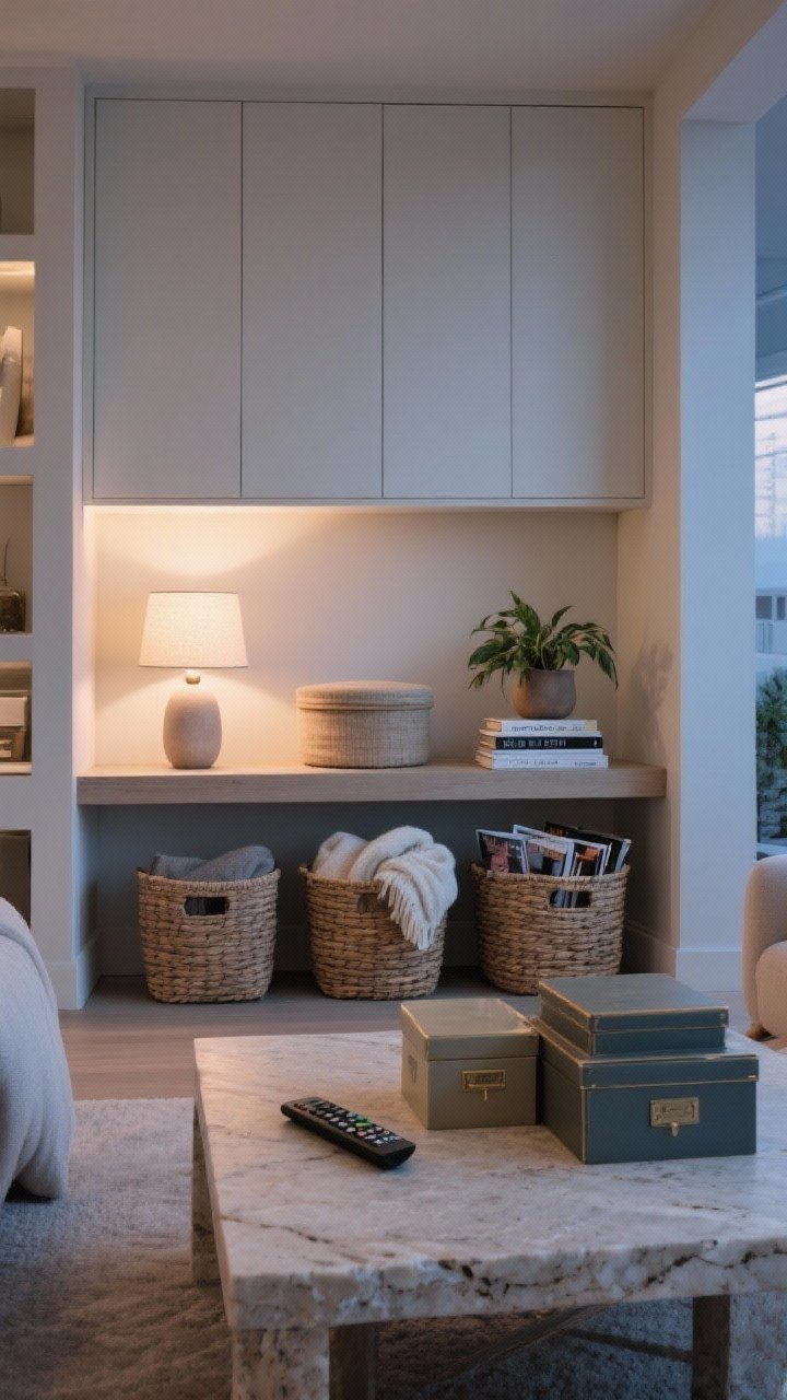 Medium shot: Clutter-hidden, pretty-forward styling—closed cabinet under a floating shelf, lidded baskets for throws and magazines, decorative boxes on a matte travertine coffee table concealing remotes; surfaces styled by the Rule of Three: lamp + plant + book stack; tidy, serene evening light, photorealistic.