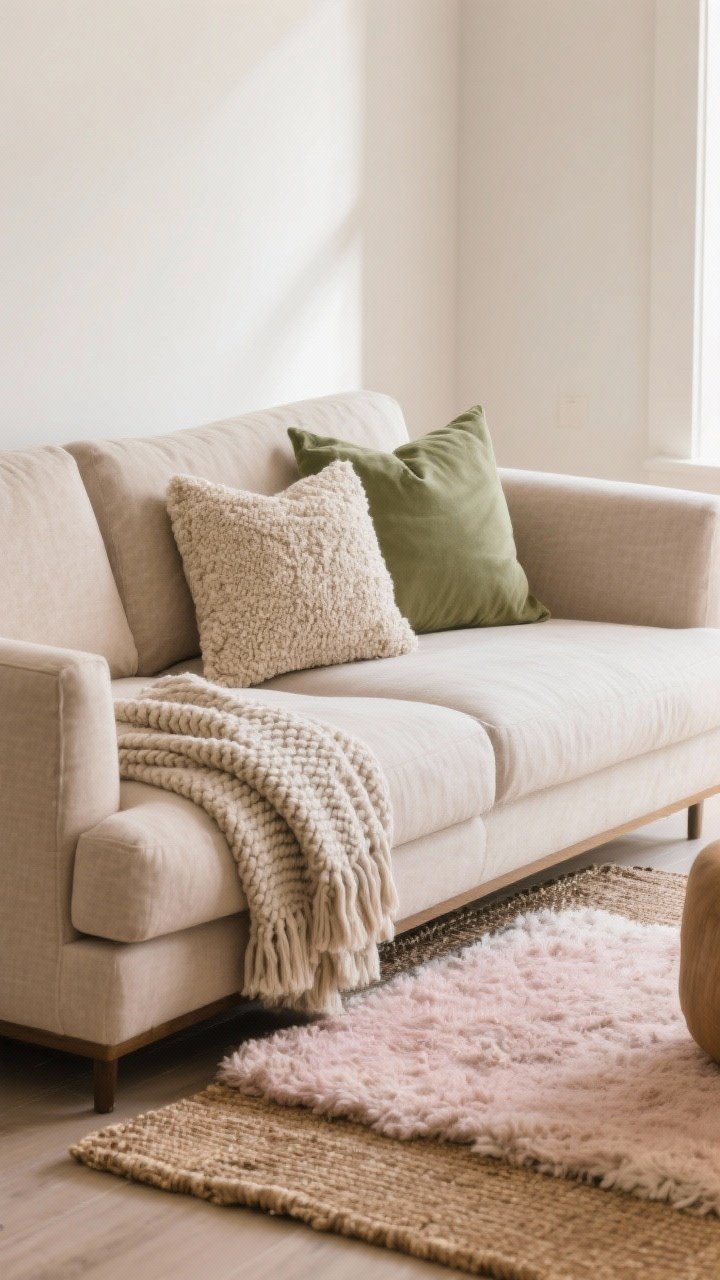 Medium shot, corner angle: A living room sofa styled in soft layers with a neutral base palette of beige, oat, and taupe; mix of three textures prominently shown—linen cushion covers, boucle pillow, and a chunky knit throw; one blanket folded clean on the arm, another casually draped across the seat; layered rugs underfoot with a jute base and a smaller plush shag rug on top; a subtle blush or moss green accent pillow to keep it calm, with diffused daylight