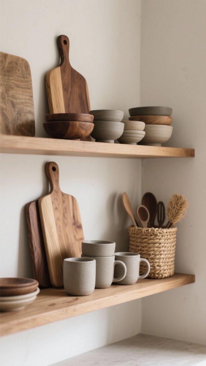 Medium shot, corner angle: Two-tier open shelves showcasing layered textures—mix of walnut and oak cutting boards (one leaning, one standing), matte stoneware mugs and bowls clustered together, and a small seagrass or woven basket tucking in utensils. Arrange as a mini vignette: a wood board stacked behind ceramic bowls with the woven basket to the side. Natural wood tones warm the scene; matte finishes, tactile surfaces. Soft diffuse daylight, photorealistic.