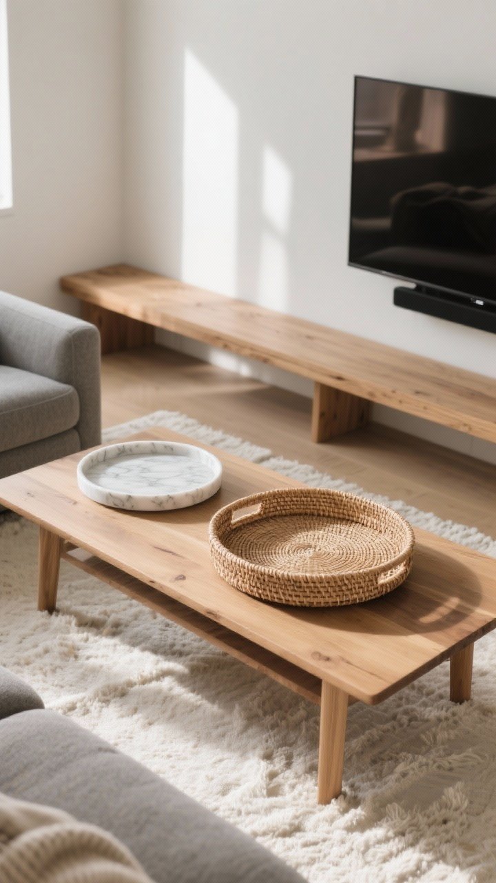 Medium shot, cozy hygge living room coffee table anchored by a single large rattan tray with a shallow lip on a rectangular oak table; tray covers about one-third of the surface. Include alternative option in scene: a sleek white marble tray set on a nearby long bench to hint at material choices. Round tray resting slightly off-center softens angles; low profile ensures clear sightlines to a TV beyond. Neutral palette with warm wood, soft gray sofa, cream rug; soft natural afternoon light. Emphasize material contrast: rattan’s airy weave vs marble’s smooth sheen; calm, intentional staging, no clutter.