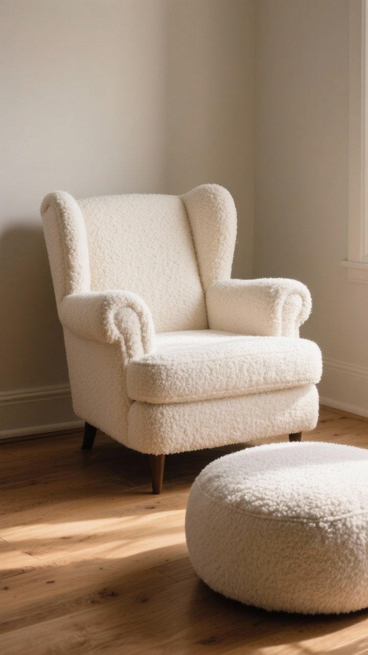 Medium shot, cozy reading chair focus: a plush bouclé wingback chair with rounded padded arms and a supportive high back, seat depth around 22 inches, upholstered in cream bouclé with a matching round ottoman; soft durable fabric texture visible. The chair is slightly angled in a quiet corner with neutral walls and warm wood flooring, no other decor emphasis. Soft warm natural light (late afternoon) grazes the fabric, highlighting the texture. Mood: ultra-comfy, plan-cancelling perch, photorealistic, no people.