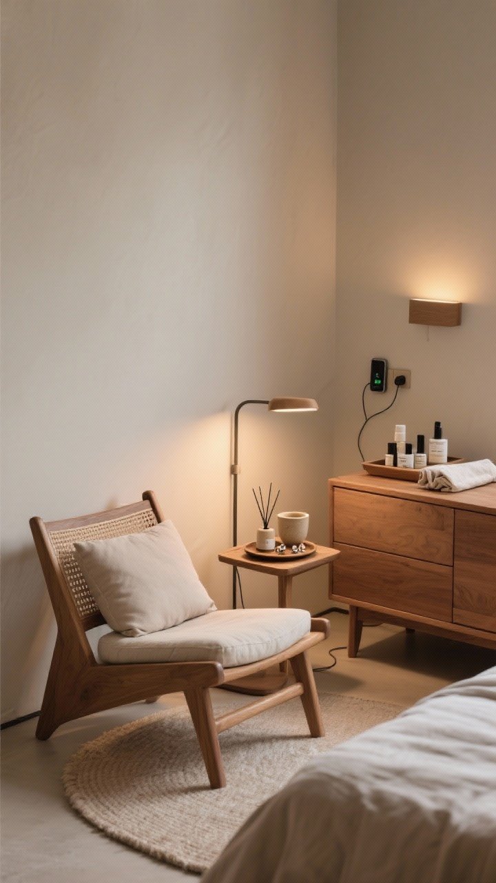 Medium shot creating ritual zones: a wind-down corner with a low wood-framed lounge chair, a floor cushion, a slim reading lamp, and a tiny side table; on the dresser, a tray with neatly arranged skincare, a ceramic cup for jewelry, and a folded linen cloth; a single diffuser emitting a cedar/sandalwood scent; a designated phone charging spot with concealed cord; warm, layered lighting and calm, intentional styling, photorealistic.
