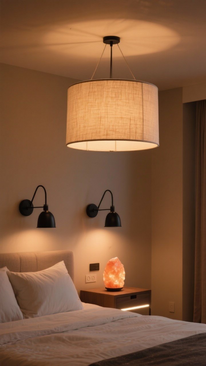 Medium shot emphasizing layered warm lighting: a fabric drum pendant overhead casting ambient glow at 2700K, paired with two matte-black swing-arm sconces above nightstands for task light, and a soft-glow salt lamp adding accent warmth; optional subtle LED strip under the bed hinting at a floating effect; dimmers implied by gentle gradients of light, walls in warm neutral, photorealistic evening ambiance.