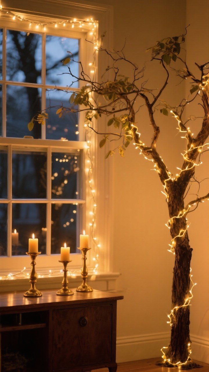 Medium shot emphasizing warm lighting: a room lit with warm-white string lights (2200–2700K) draped around a window frame and layered on a tree, plus brass candlesticks with glowing beeswax candles on a sideboard. Show zig-zagged light strands—one deep in tree branches, one near the tips—creating a golden glow. Evening ambience, cozy and nostalgic.