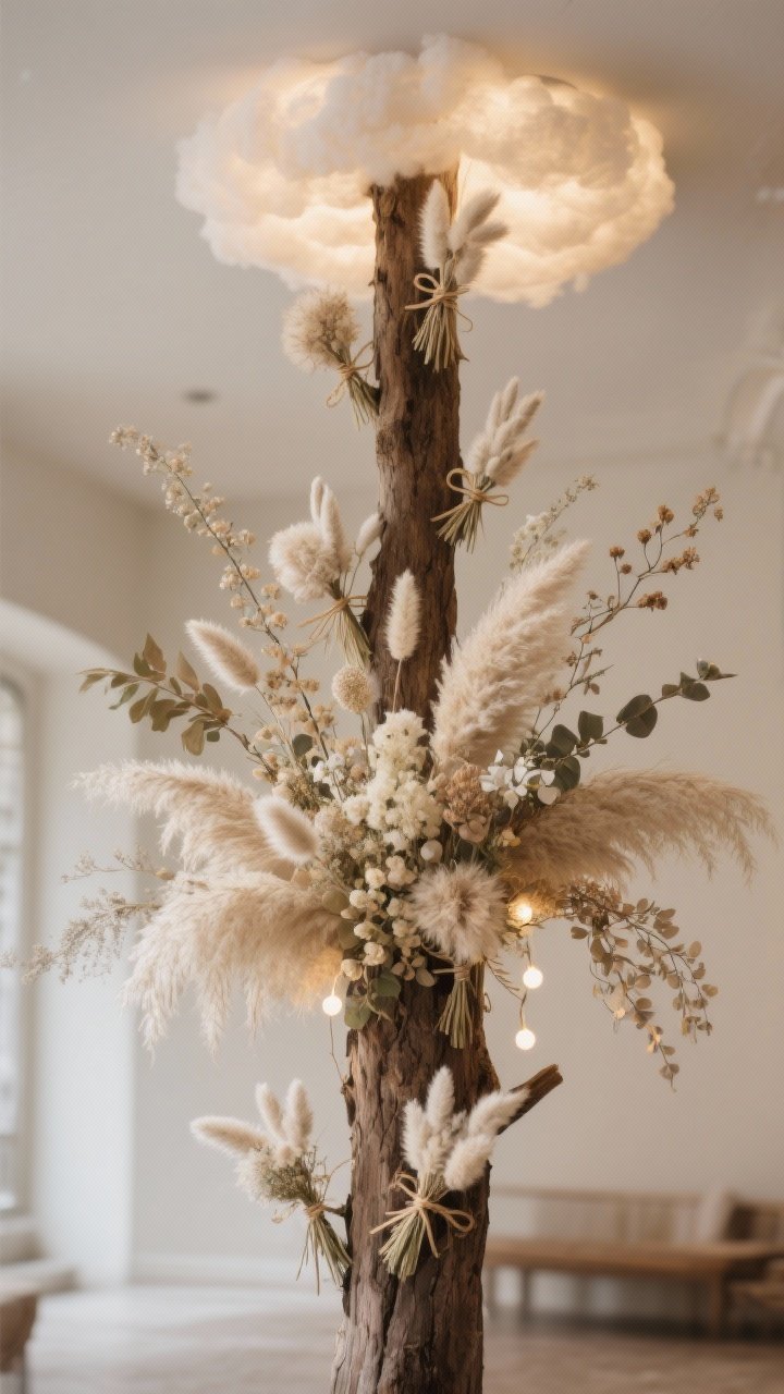 Medium shot featuring dried florals and pampas integrated into the tree: small pampas plumes, bunny tails, bleached ruscus, and lunaria stems tucked into gaps; a gentle cluster fanned beneath the topper creating a halo effect; tiny twine-tied micro bouquets used as ornaments; warm white LEDs for safe, soft illumination; photographed slightly off-center to show airy “cloud” softness and height; neutral, earthy tones throughout.