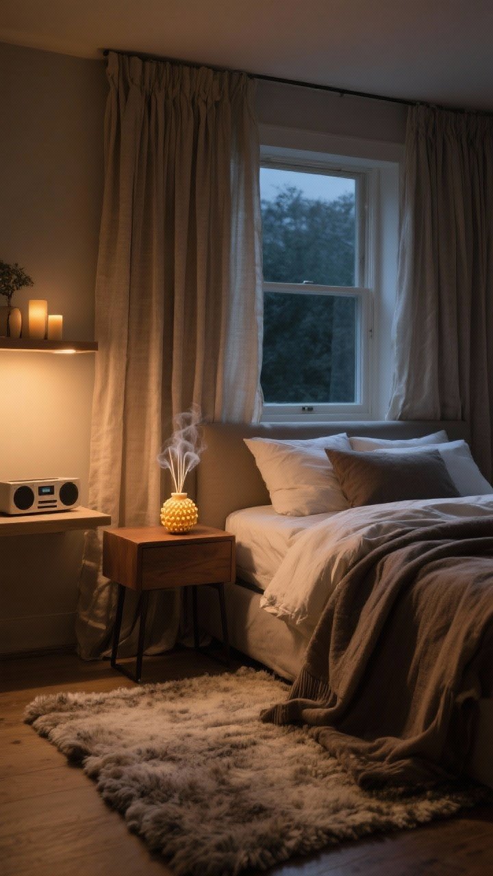 Medium shot focused on sensory calm: heavy curtains paired with linen drapes framing a window, a thick wool rug underfoot, a ceramic diffuser emitting subtle vapor on a nightstand beside a beeswax candle, layered bedding for temperature control; a small sound machine on a shelf; lights dimmed to a warm glow, nighttime serenity, photorealistic.