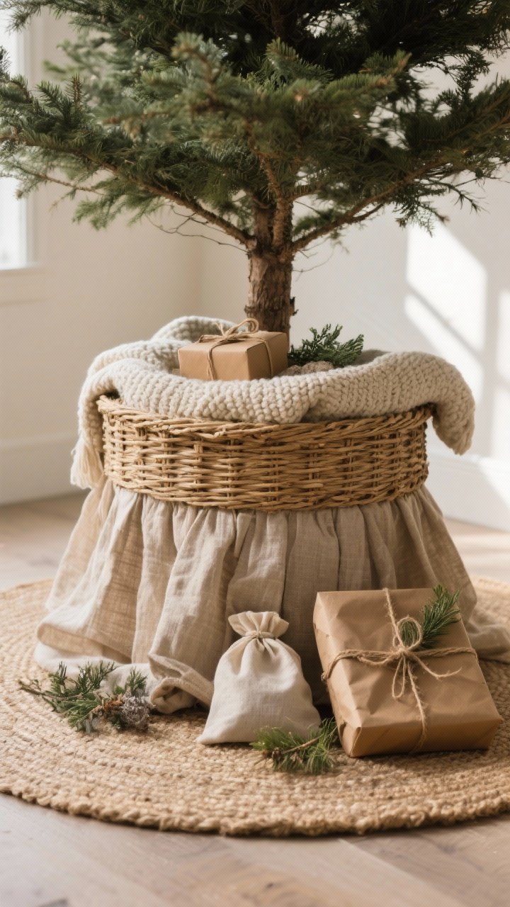 Medium shot focused on the tree base styling: a seagrass rattan basket collar concealing the stand, layered tree skirts with natural linen/burlap as the base and a chunky knit throw draped on top; the tree set on a round jute rug; coordinated gift wrap featuring kraft paper, muslin bags, twine ties, and small foraged greenery sprigs; soft, warm room light with gentle shadows; angled corner perspective to emphasize layered textures at the base.