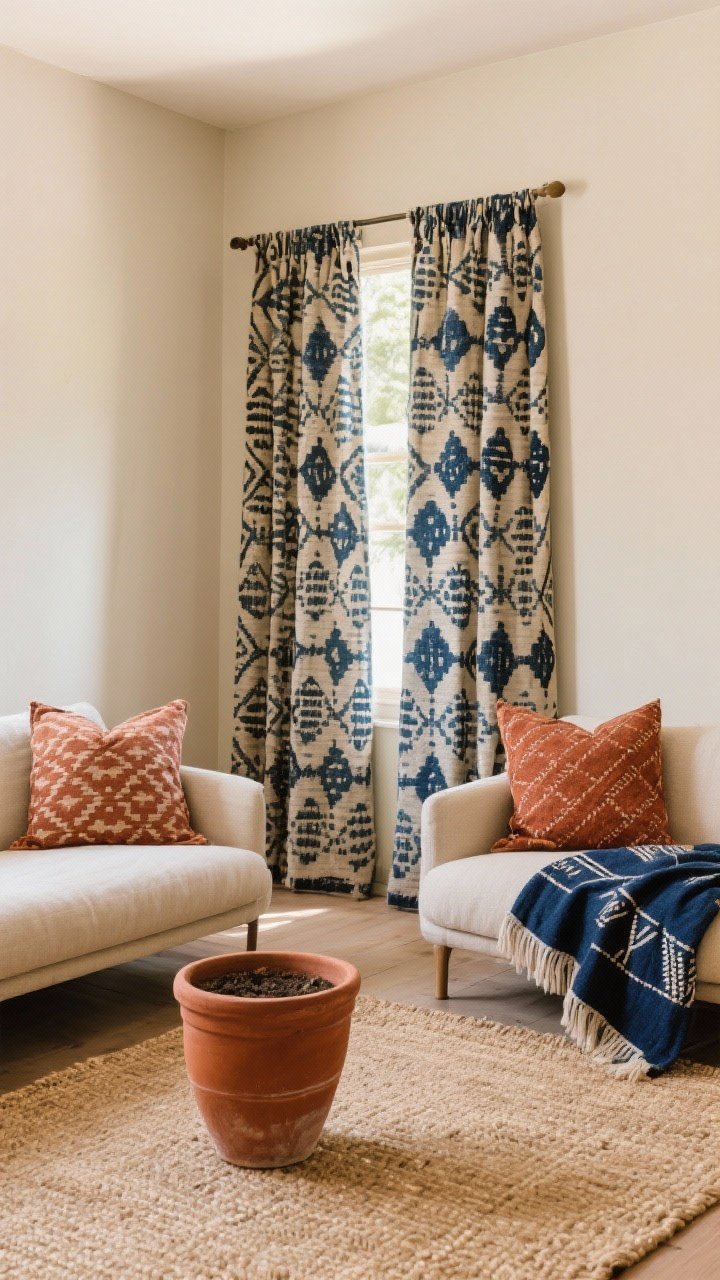 Medium shot focusing on pattern play with a capsule palette: a neutral base living room with beige walls and a jute rug as foundation, one large-scale patterned element (a kilim rug or block-printed curtains—choose one, e.g., block-printed indigo curtains) complemented by two small-scale patterns (rust linen pillows and an indigo mudcloth throw), a terracotta planter repeating the rust tone; colors repeated three times around the room for cohesion, soft natural daylight, photorealistic, no people.
