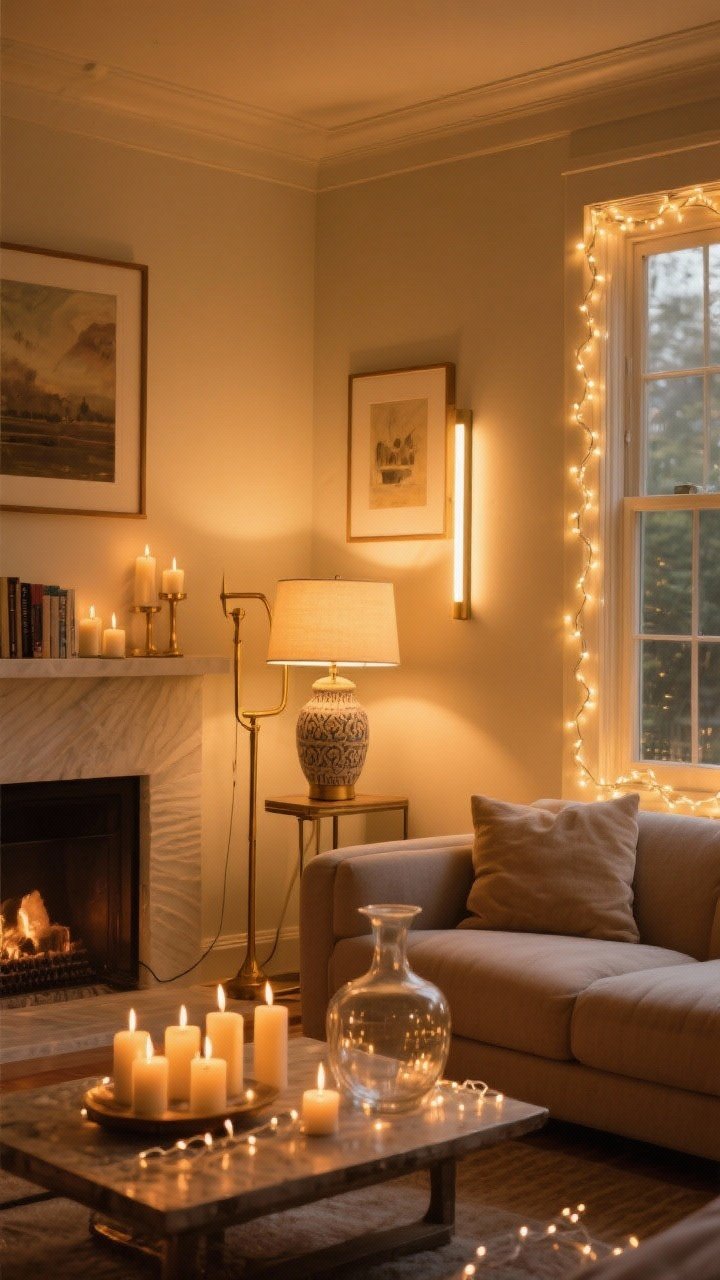 Medium shot from a corner angle: A living room lit only by warm, glowy layers—2700K bulbs in a brass floor lamp and a ceramic table lamp, a slim picture light over framed art, and a soft ambient bookshelf lamp; clusters of candles at varying heights on a mantle and coffee table, plus warm-white fairy string lights draped along a window frame and coiled in a clear glass vase. No harsh overheads; overall golden, cozy atmosphere, photorealistic.